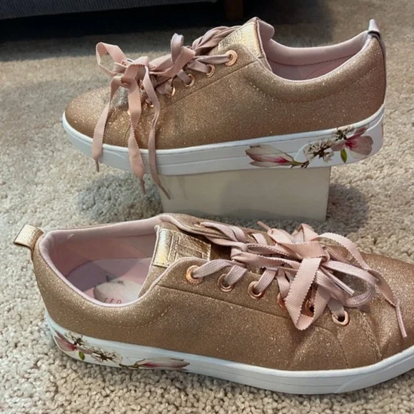 Ted Baker Sparkly Pink Sneakers with Floral Detail - Picture 1 of 8